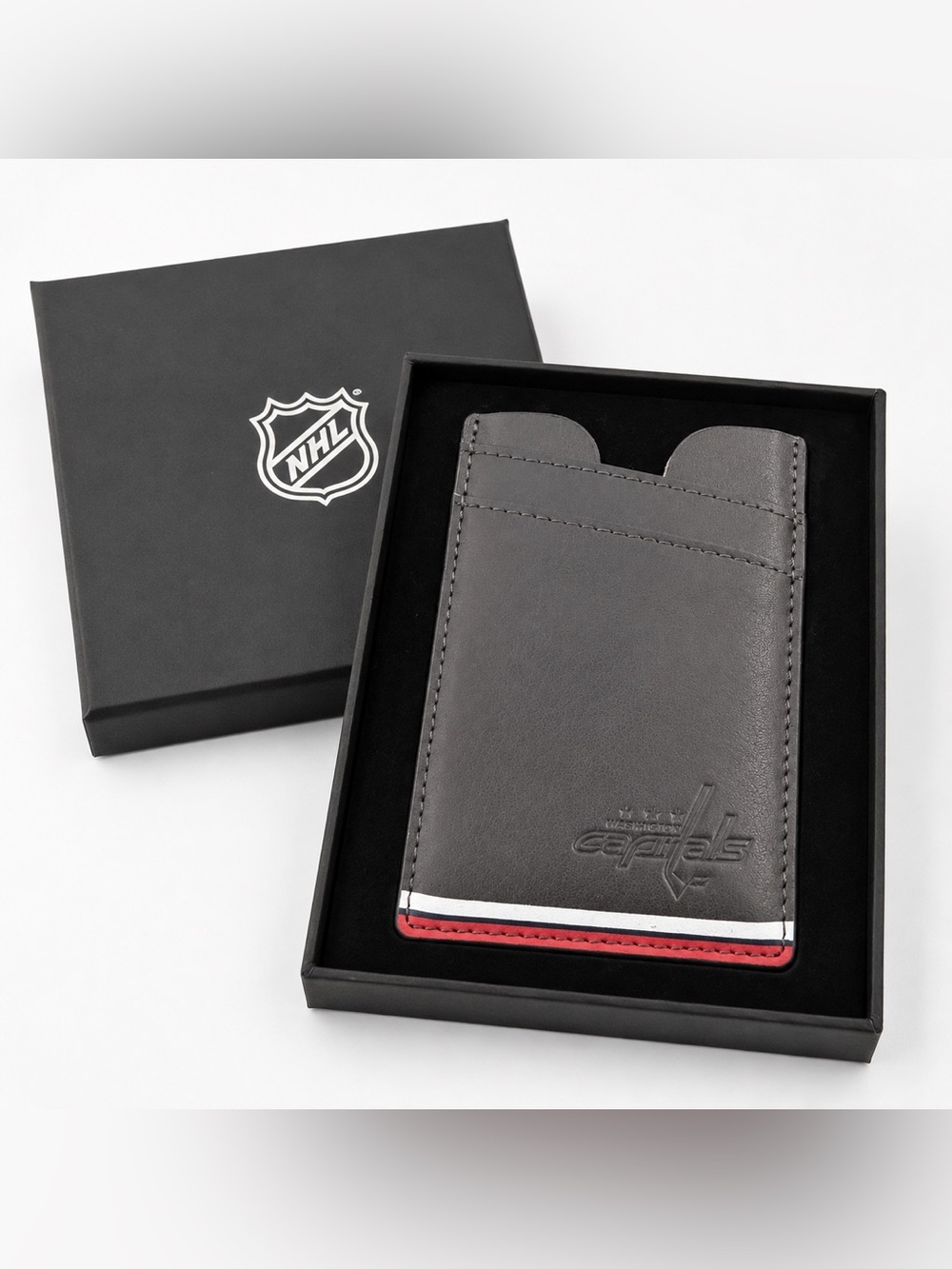 NHL Washington Capitals Gray Leather Card Holder with Red & White Trim